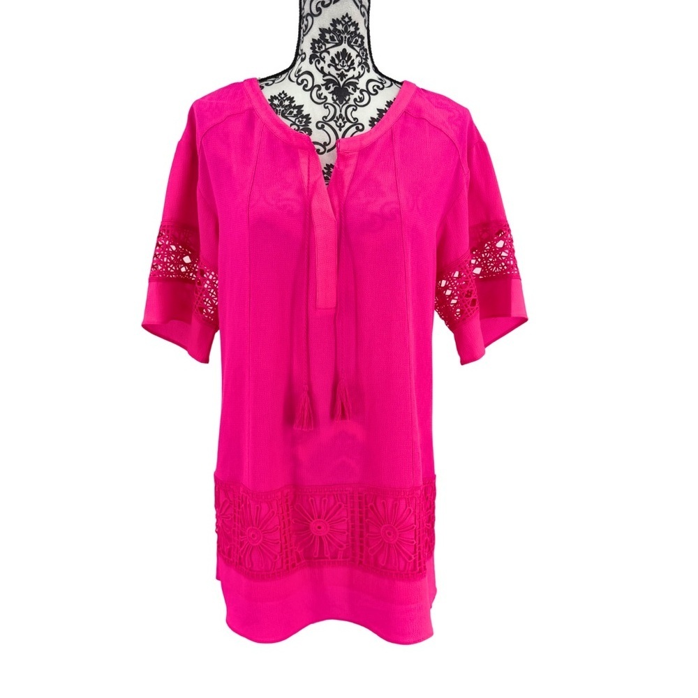 Gibson & Latimer Hot Pink Crochet Trim Swim Cover Up Resort Beach Tunic Top